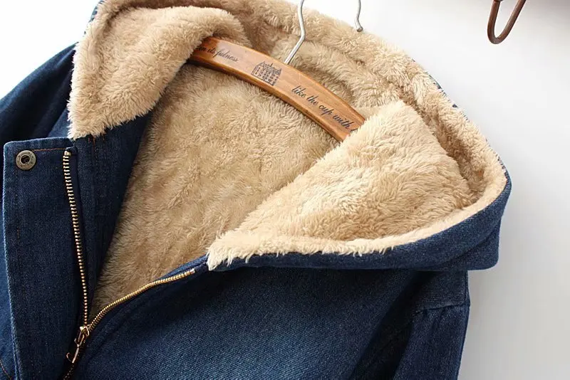 Women's Winter New Solid Color Plus Velvet Thickened Denim Windproof Cotton Coat Hooded Washed Zipper Cotton Jacket Denim Jacket