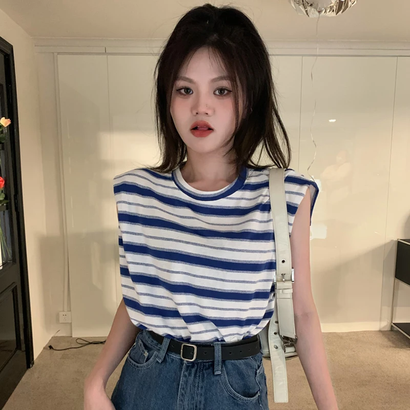 

Korean Fashion Clothes Lady Stripe Hollow Out Back Loose Street Harajuku Top Female Casual Striped O Neck Tank Tops 2022 Summer