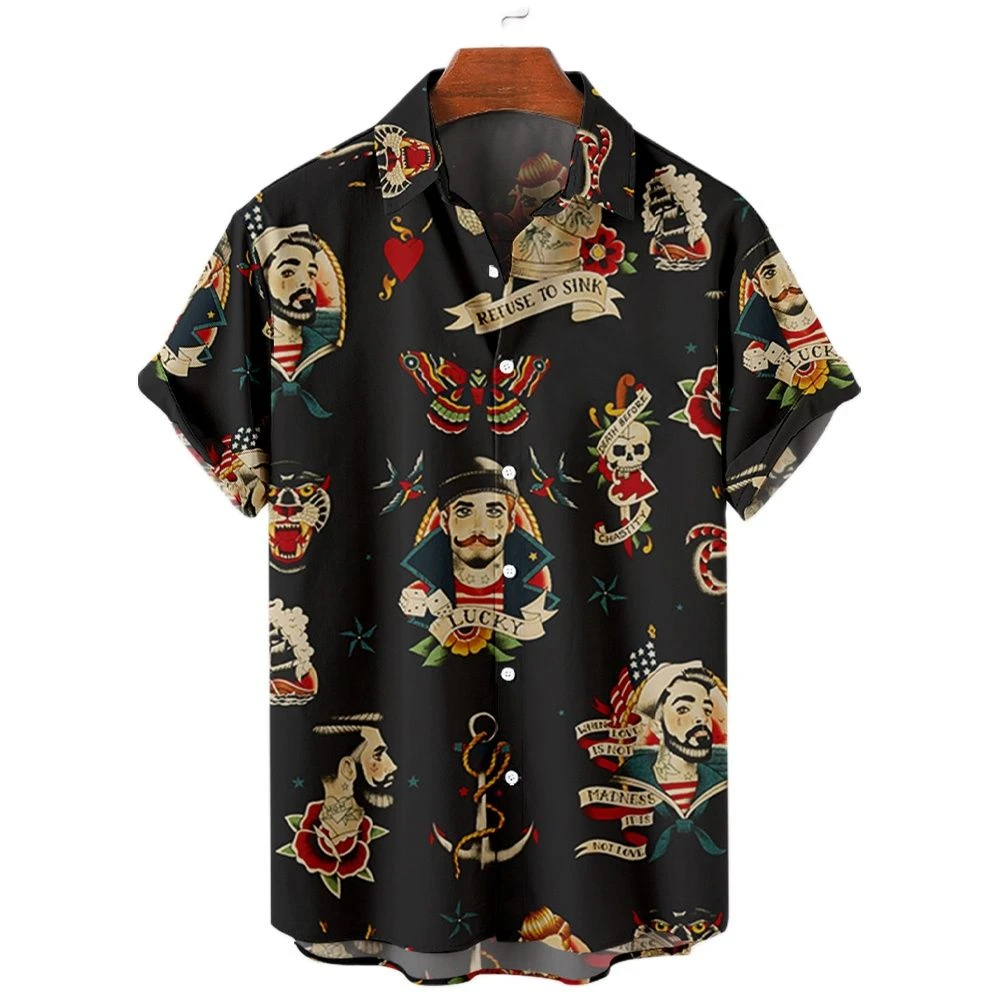 

Гавайская рубашка для мужчин, винтажная пляжная Повседневная рубашка с 3d принтом и короткими рукавами, черная рубашка с лацканами, модный большой Топ, мужская одежда 5xl