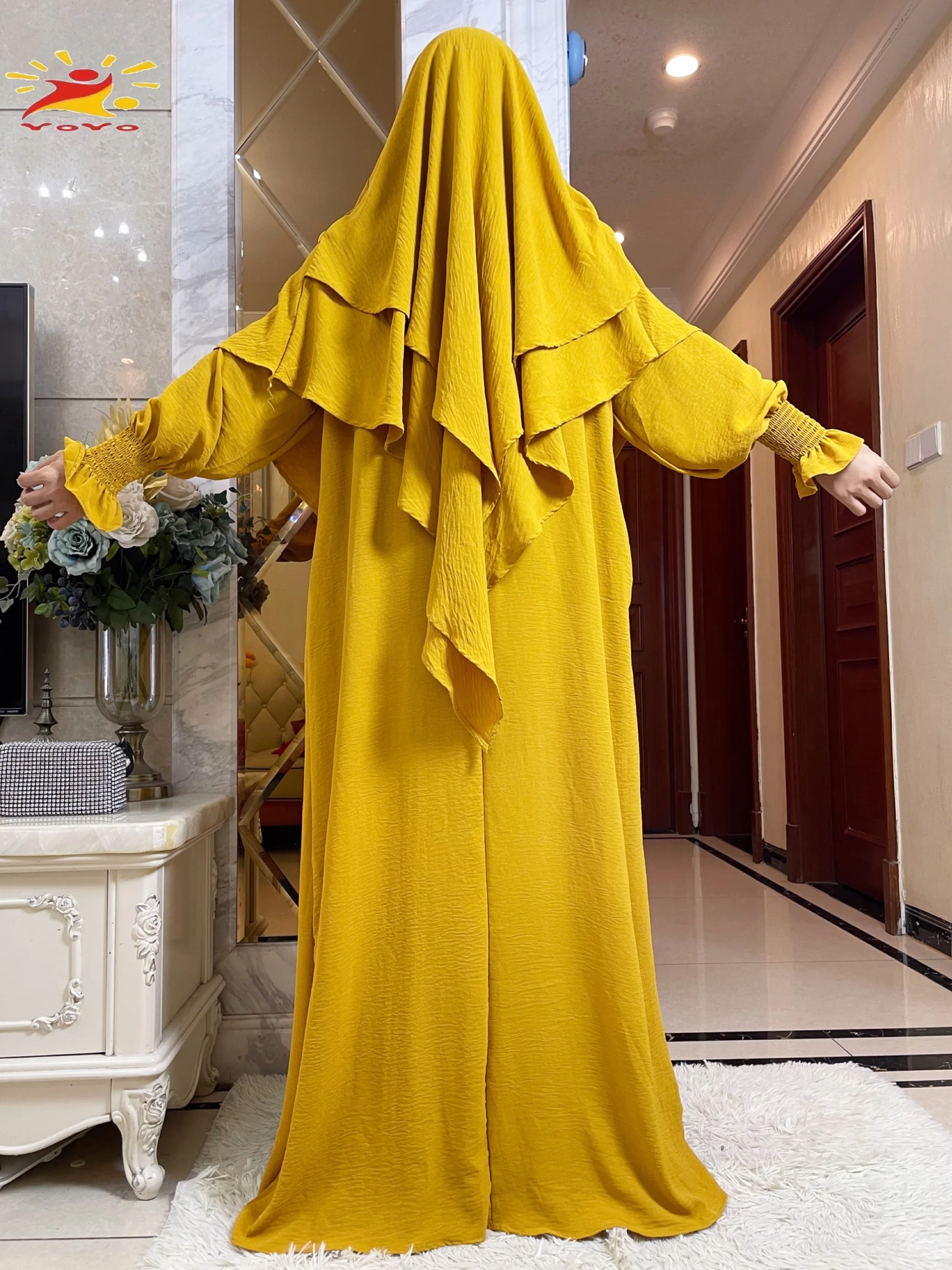 Комплект Абайи Khimar из дымчатой ткани платье с манжетами + двухслойный хиджаб шарф