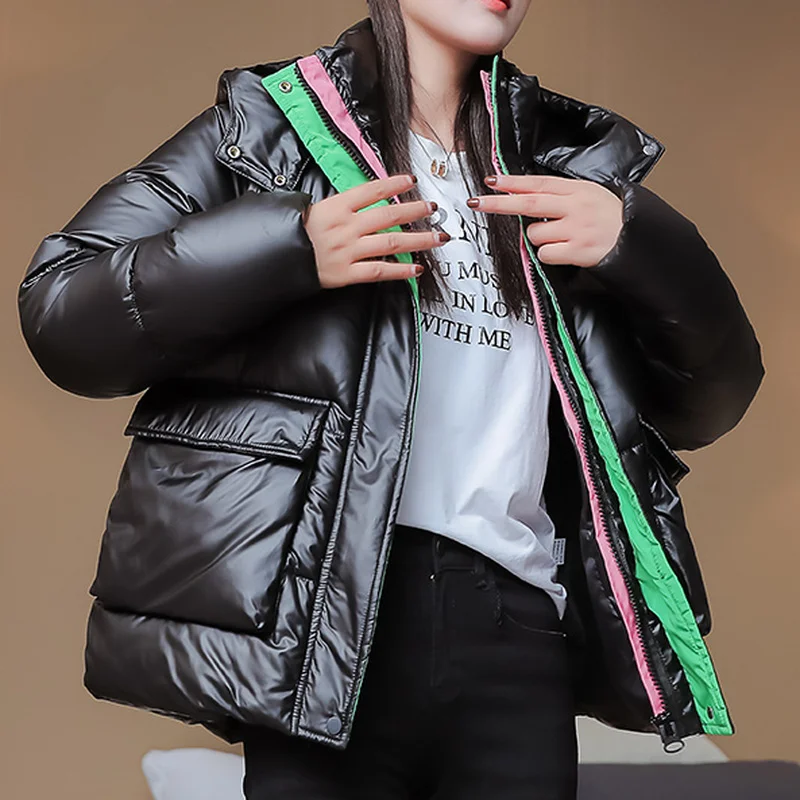Glossy Cotton Thickening Jackets Female Short Outerwear Winter Loose Korean Women's Coats Bread Clothes Color Match Overcoat New