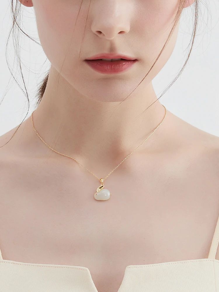 Hetian Jade Rabbit Necklace for Women 925 Silver 2024 New Popular Light Luxury Cute Choker