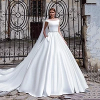 boat neck wedding dresses for women short sleeve simple button bridal gown with pockets satin ball gown train vestido de novia