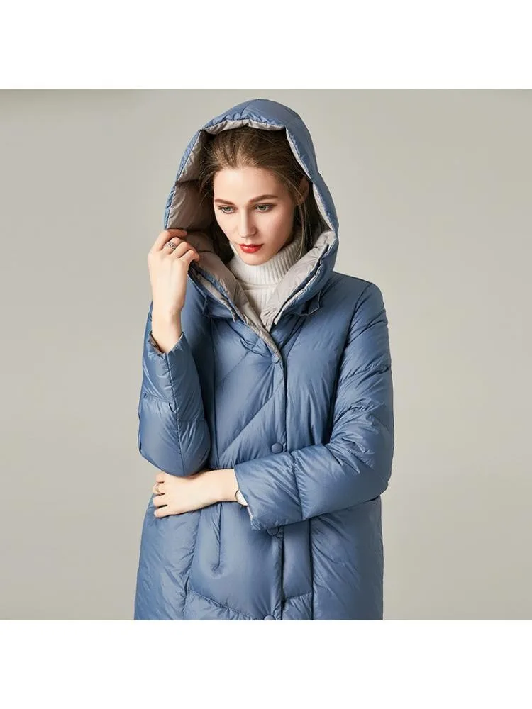 2022 Winter Hooded Thick Fashion Loose Cocoon Blue Long 90 White Duck Down Coats Women Black Warmer Bread Jackets