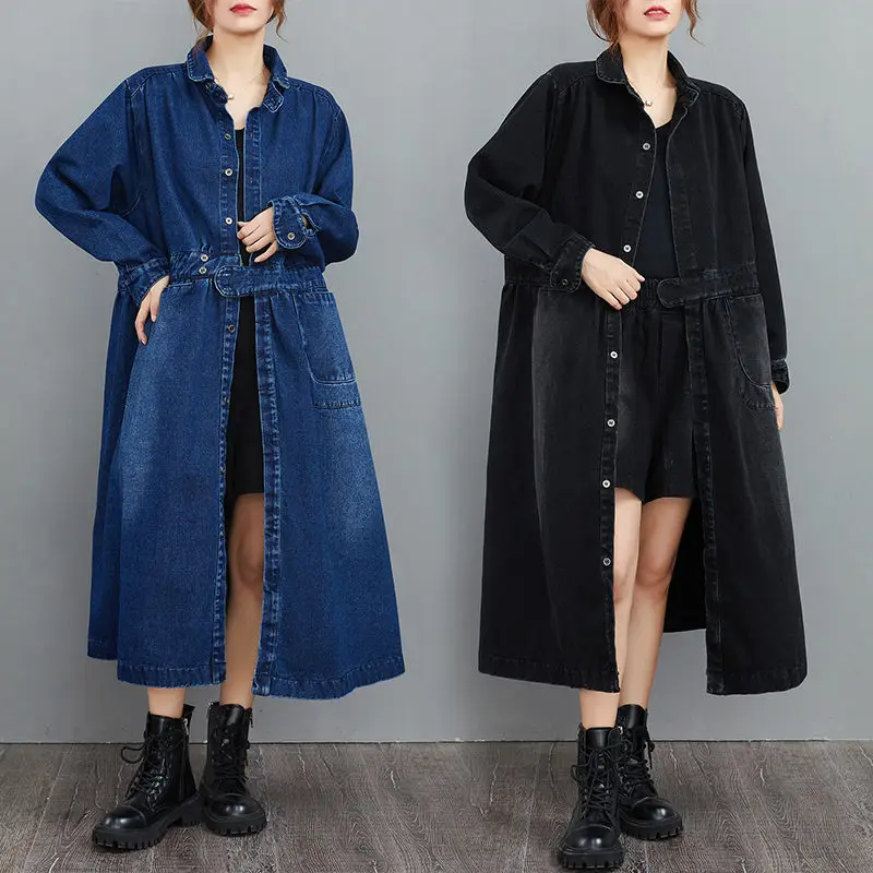 

Женское джинсовое пальто средней длины, свободная однобортная ветровка в корейском ретро-стиле с высокой талией, модель T410 на осень и зиму, 2022