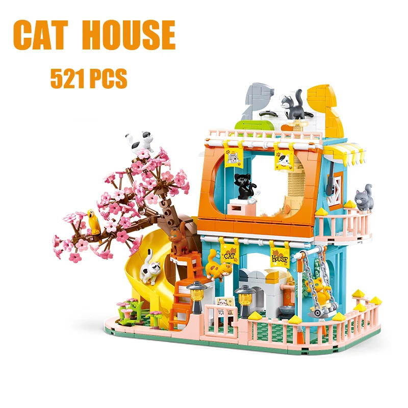

DIY Cat House Building Block Cartoon Camping Cabin Bricks Assemble Toy Home Decor Creative Gift Toys for Child Adults