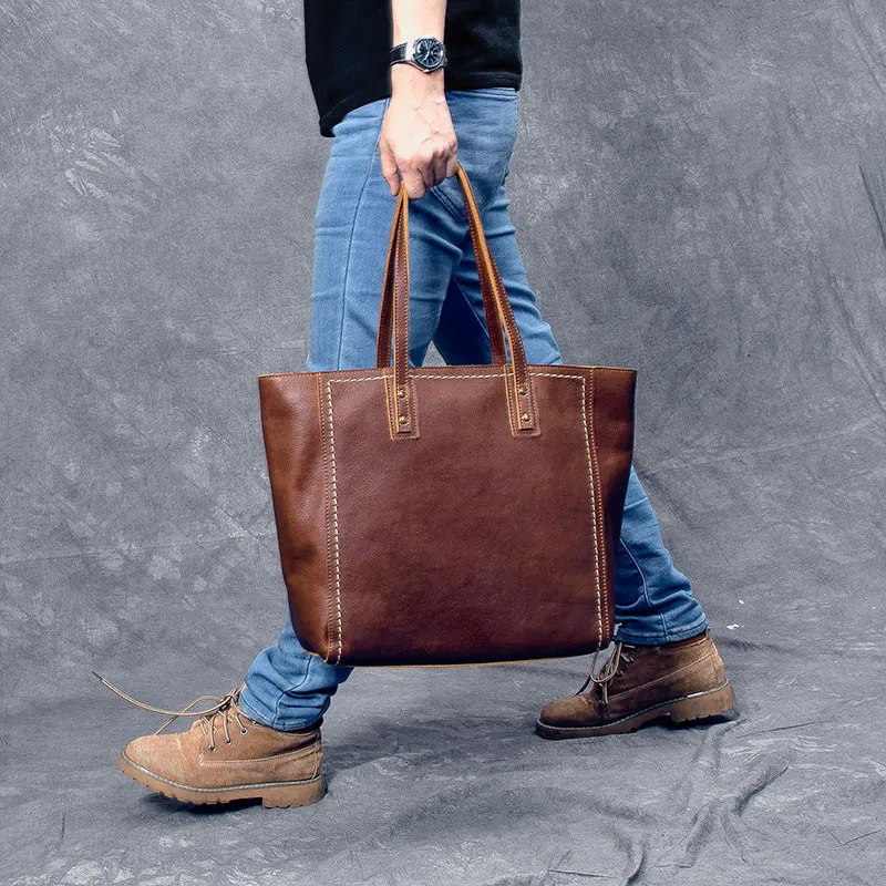 Fashion vintage high quality genuine leather men's tote bag cowhide large capacity handbag luxury big laptop shoulder bag