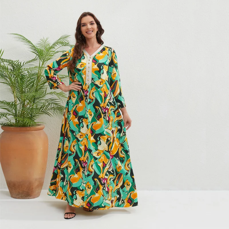 Abaya For Women Printed Loose Fit Women's Dress 2023 Summer New Casual Home Furnishing Fashion V-neck Robe Dubai Turkey Islam