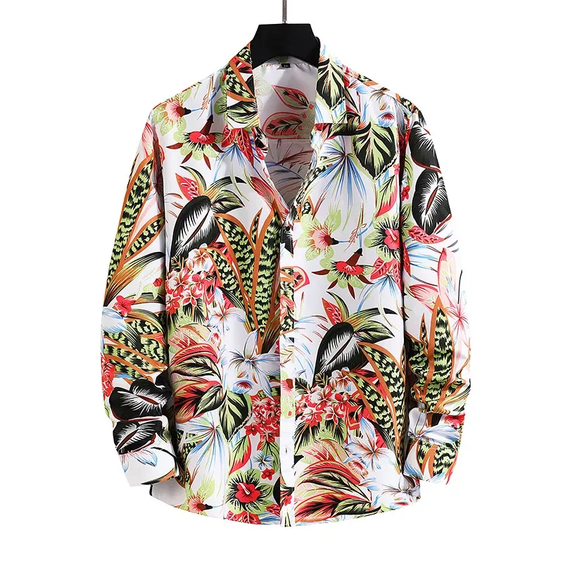 New2022 Fashion Flower Shirt Men Autumn Casual Hawaii Print Plus Size Long Sleeve Shirts Leisure Vacation Men's Clothing 7XL