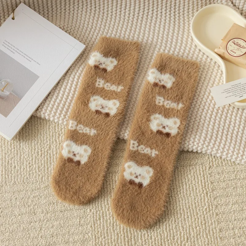 Cute Cartoon Bear Warm Thick Socks for Women Winter Fluffy Kawai Sleep Socks New Breathable Middle Tube Girl Fuzzy Thermal Socks