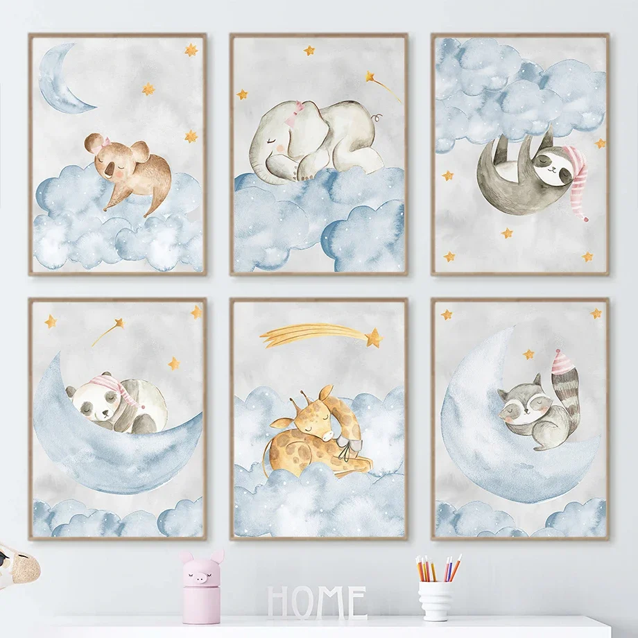 Голубые облака слон жираф Ленивец детская настенная Картина на холсте