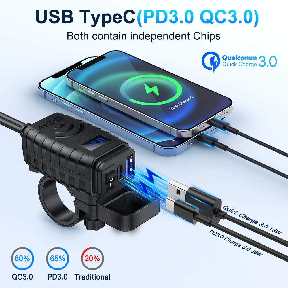 Зарядное устройство USB Anchtek 48 Вт для мотоциклов с вольтметром и выключателем