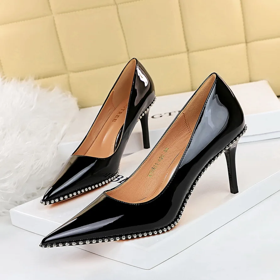 

Bigtree Shoes Rivet Women Pumps 2022 New High Heels Stiletto PU Leather Women Heels Sexy Party Shoes Female Heeled Plus Size 43