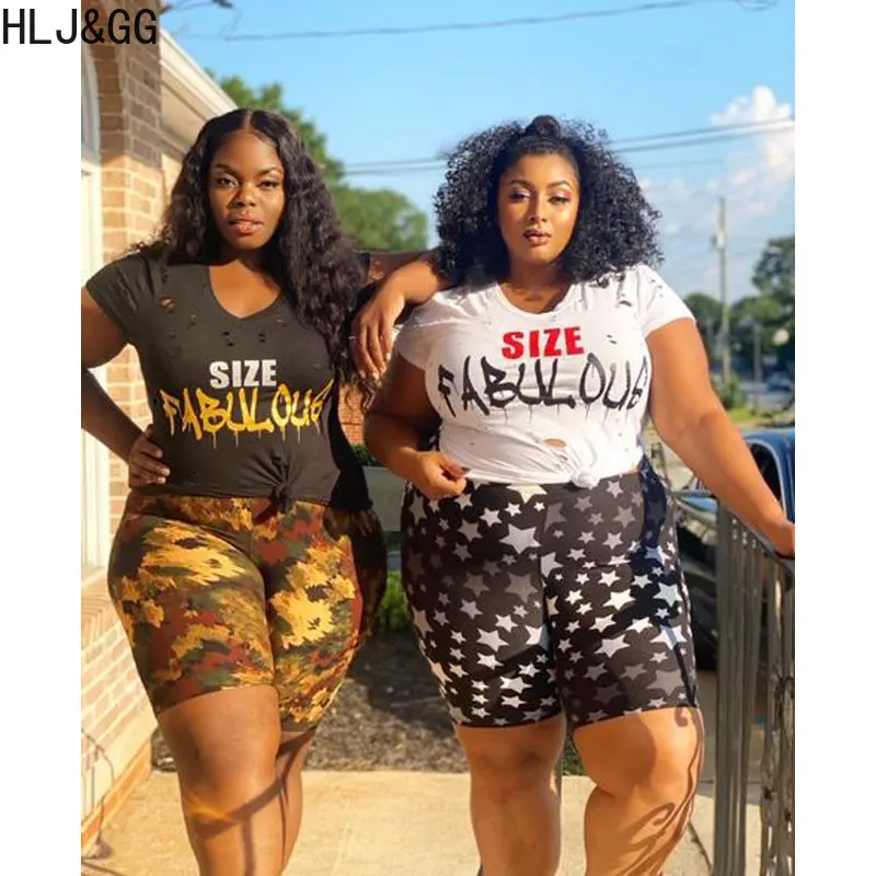 HLJ&GG Plus Size Women Shorts Sets XL-5XL Summer Hole Letter Print Tshirt+Biker Shorts Two Piece Outfits Casual 2pcs Tracksuits