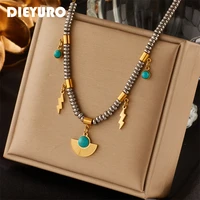 dieyuro 316l stainless steel boho green stone necklace for women designer vintage lightning bead chain choker girls jewelry
