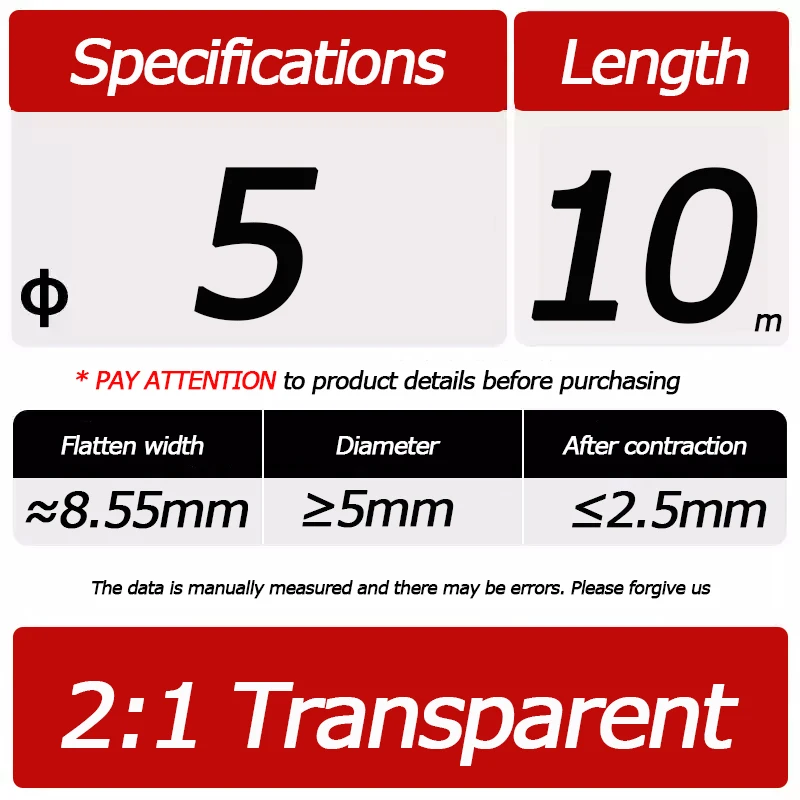 

10 метров/лот термоусадочная трубка 2:1, прозрачная прозрачная трубка, термоусадочная пленка, кабельная муфта 1–60 мм, провод