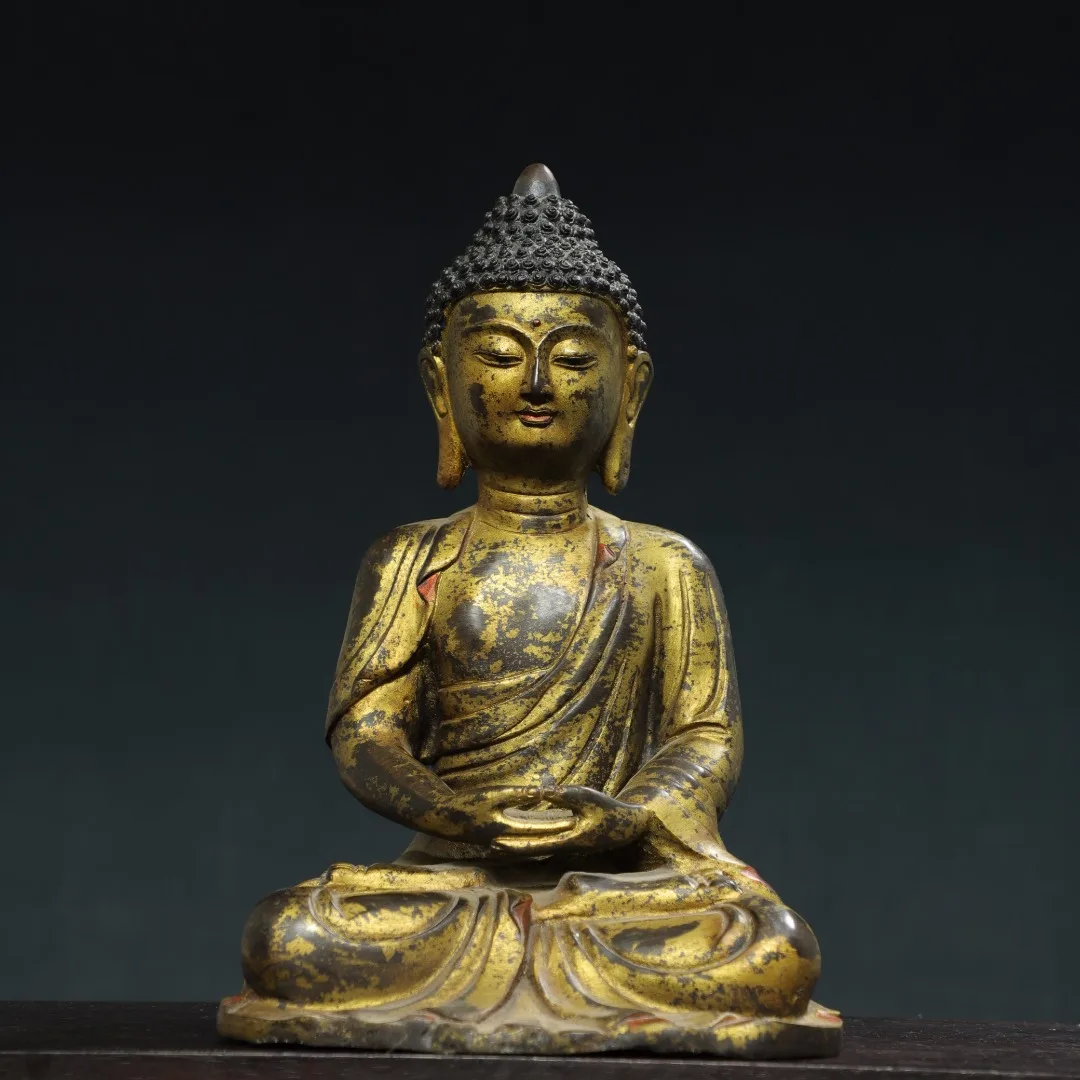 

12"Tibet Temple Collection Old Bronze Cinnabar Mud gold Amitabha Buddha Shakyamuni Sitting Buddha Worship Hall Town house