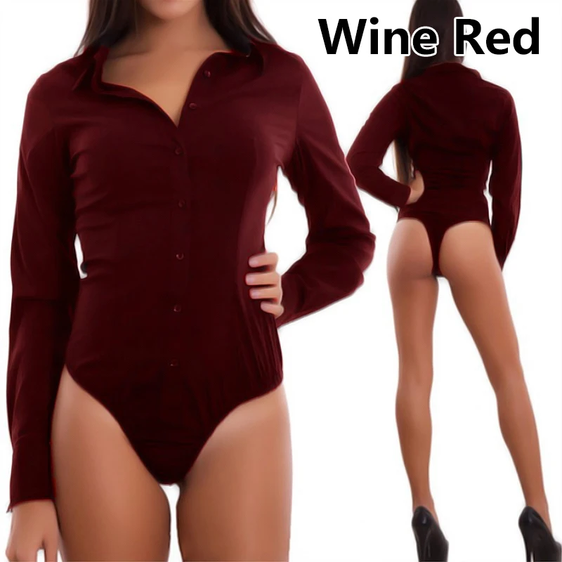 

Women Bodysuit Long Sleeve Polyester Slim Jumpsuit Blouse Turn-down Collar Fashion Autumn Tops Shirts