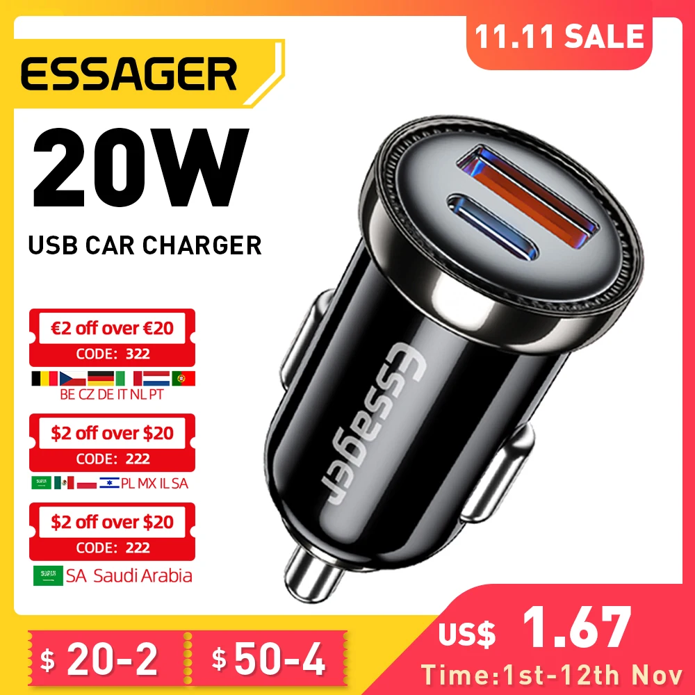 

Essager USB Car Charger USB Type C Quick Charge QC 3.0 For iPhone 14 13 12 Pro Max Xiaomi Fast Charging Charger For Phone in Car
