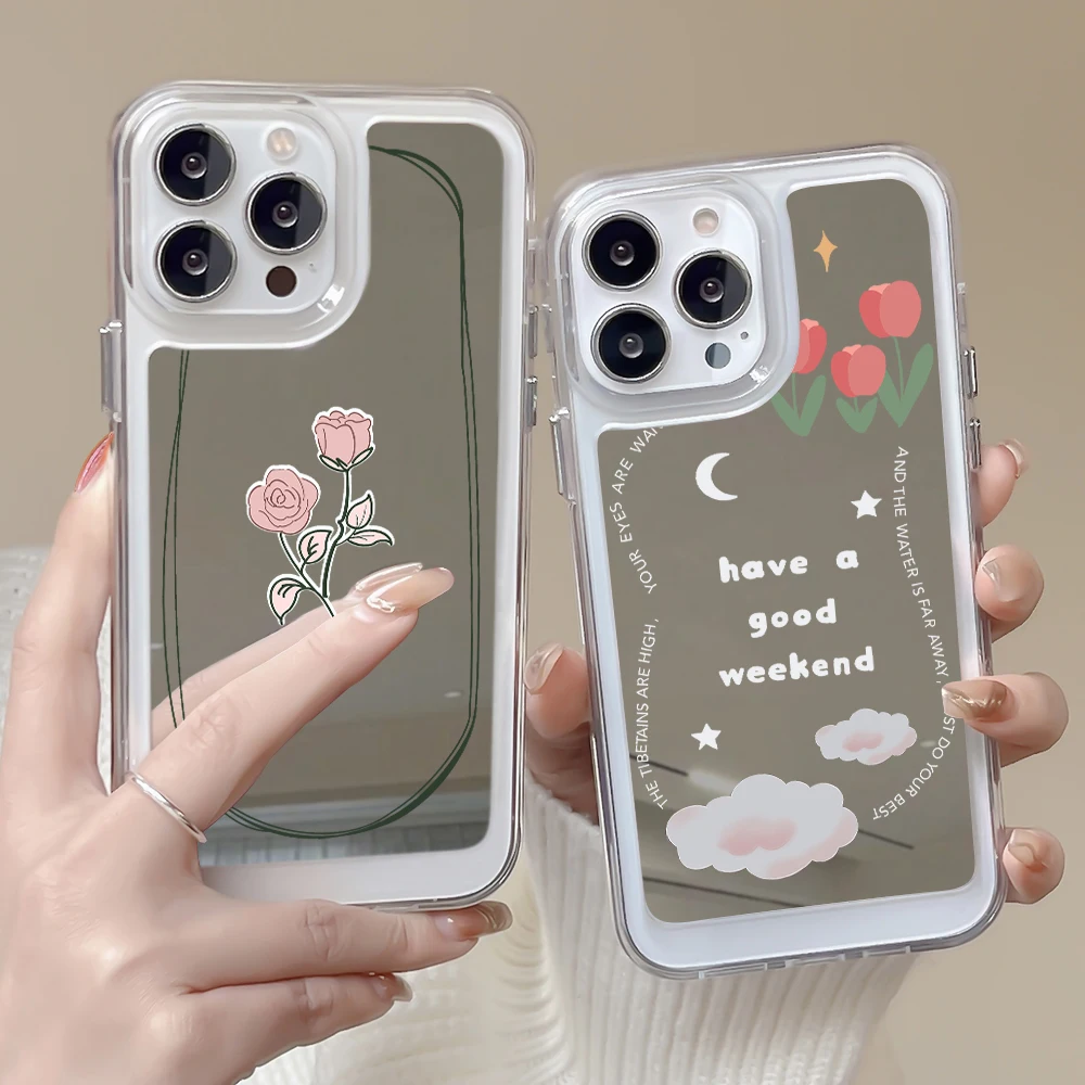 

ins Rose Tulip Phone Case for IPhone 13 14ProMax 14Plus 12 11 Pro Max Luxury Transparent Shockproof Soft Cover with Mirror