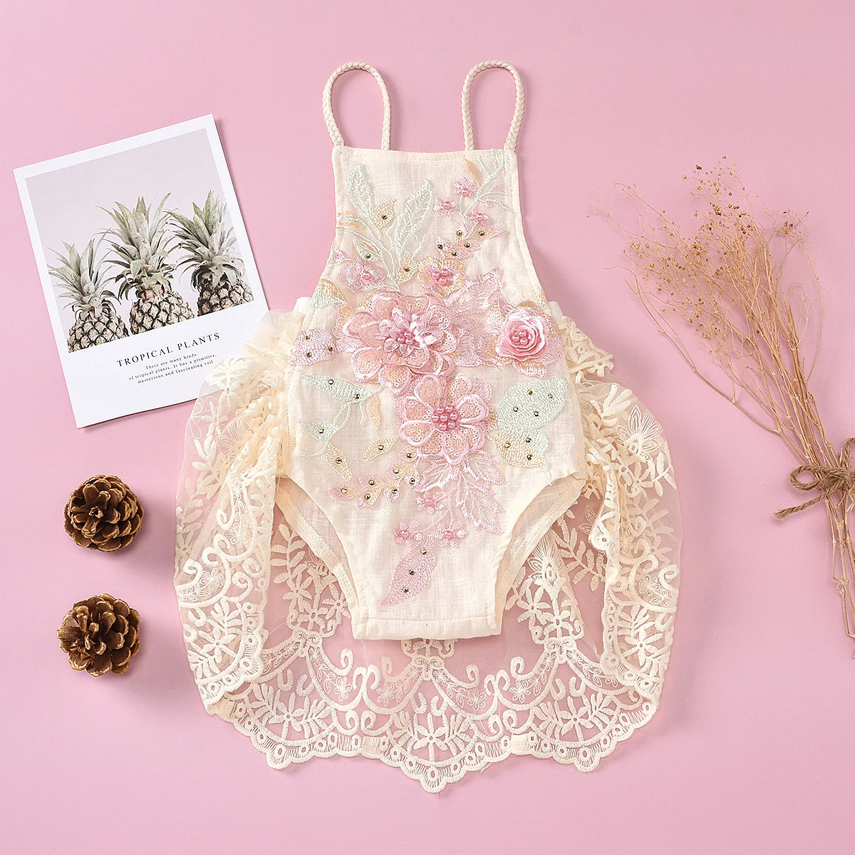 

Infant Baby Girls Rompers New Children's Creeper with Embroidered Beaded Mesh Pattern Baby Onesie Baby Clothes