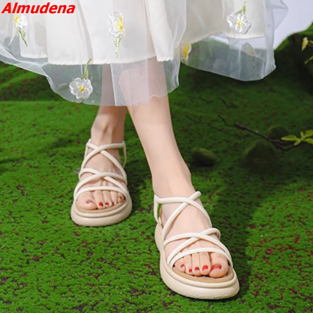 

Pu Cross Tied Women Sandals Round Toe Buckle Strap Height Incresing 4cm Shoes 2023 Newest Solid Summer Casual Fashion Sandals