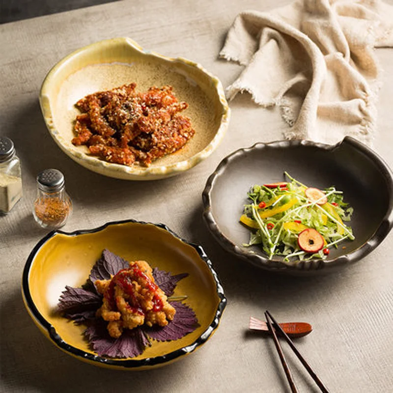 

FANCITY Ceramic salad bowl retro deep plate western food plate kiln becomes shallow mouth high-end vegetable plate characteristi