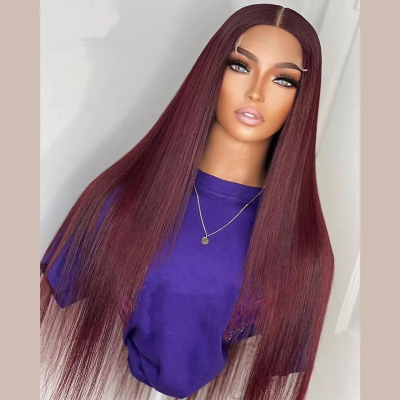 

Preplucked Soft 180%Density 26Inches Burgundy Silky Straight Long Natural Hairline Glueless Lace Front Wig For Women Babyhair