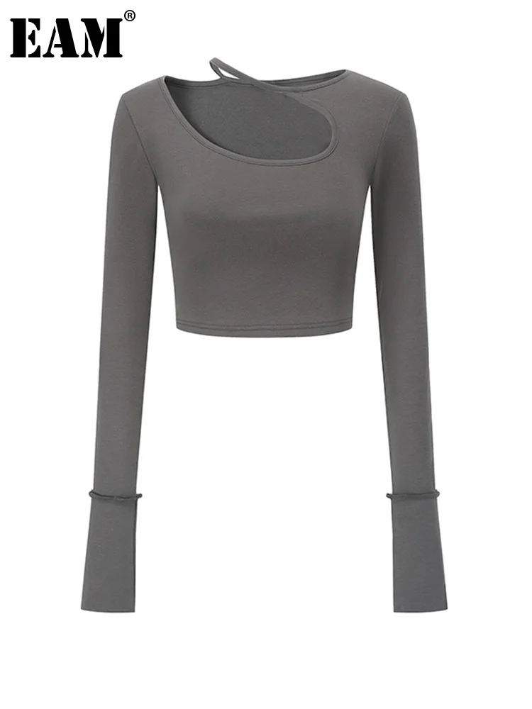 

[EAM] Women Black Hollow Out Sexy Short Slim T-shirt New Asymmetrical Long Sleeve Fashion Tide Spring Autumn 2022 1DE7582