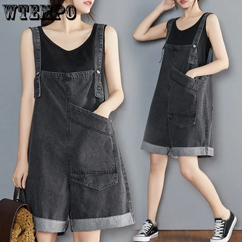 WTEMPO Denim Suspender Shorts for Women Summer Fashion Street Wear Korean Version Loose Sweetwear Student Versatile Capris