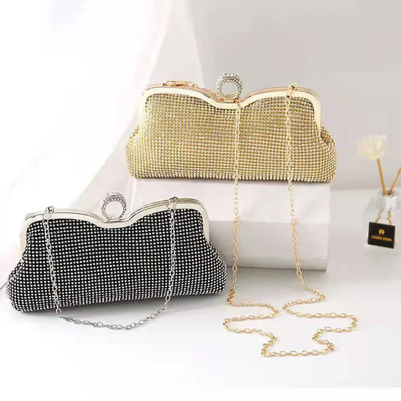 

Rhinestones Fashion Day Clutches With Diamonds Finger Ring Evening Bags Soft Black Silver Gold Color Purse
