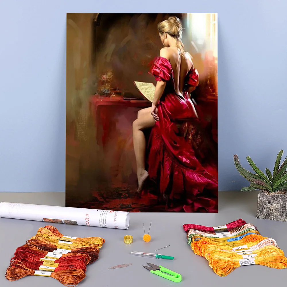 

Portrait Woman Printed Canvas 11CT Cross Stitch Embroidery Complete Kit DMC Threads Handmade Sewing Craft Hobby For Mulina