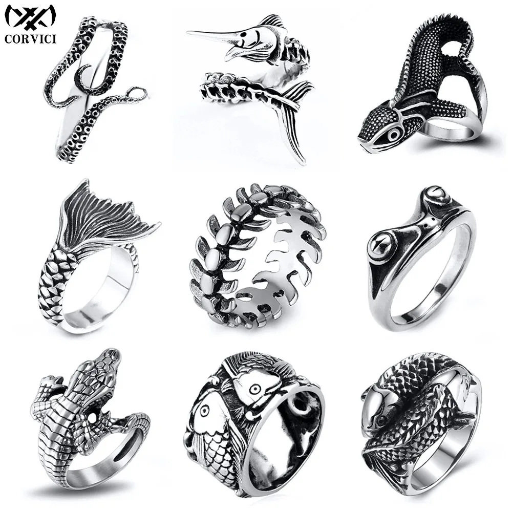

CORVICI Brand Aquatic Animal Viking Vintage Gothic Aesthetic Retro Stainless Steel Biker Accessories Jewelry Rings for Women Men