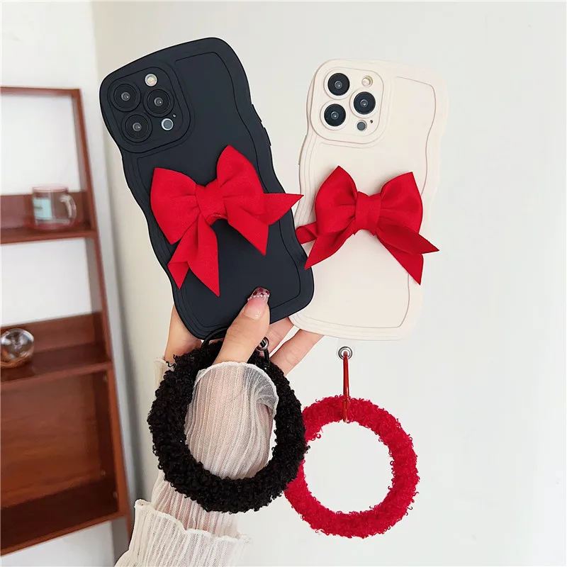 

Red Bow Knot Plush Circle Wave Phone Case For Redmi Note 8 9 10 11 11T 12 Pro Plus For Xiaomi 8 9 SE 10 10s 11 Lite 12 Pro Cover