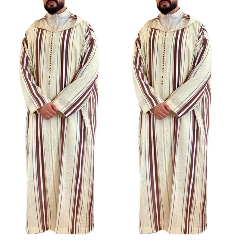 

Lapel Muslim Mens Long Sleeve Thobe Middle East Saudi Arab Kaftan Islamic Abaya Dress Dubai Robes with Striped Pattern