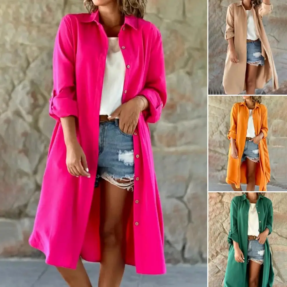 

Women Fall Spring Shirt Coat Single-breasted Collar Solid Color Loose Mid Length Casual Commute Long Sleeve Lady Blouse