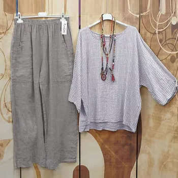 Spring Summer Casual Holiday Wide Leg Pants Striped Shirt Set Vintage Famale Boho Suits Women Loose Streetwear Two Piece Sets 1