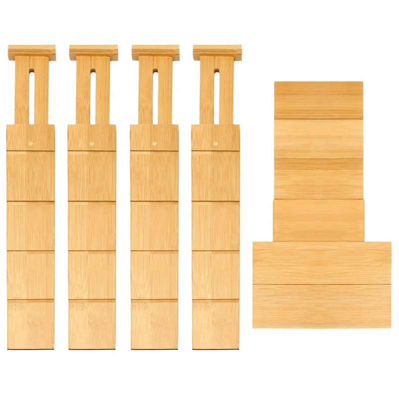 

4Pcs Bamboo Drawer Dividers Organizer With 6 Extra Mini Dividers Spring Loaded For Kitchen, Bedroom, Bathroom And Office