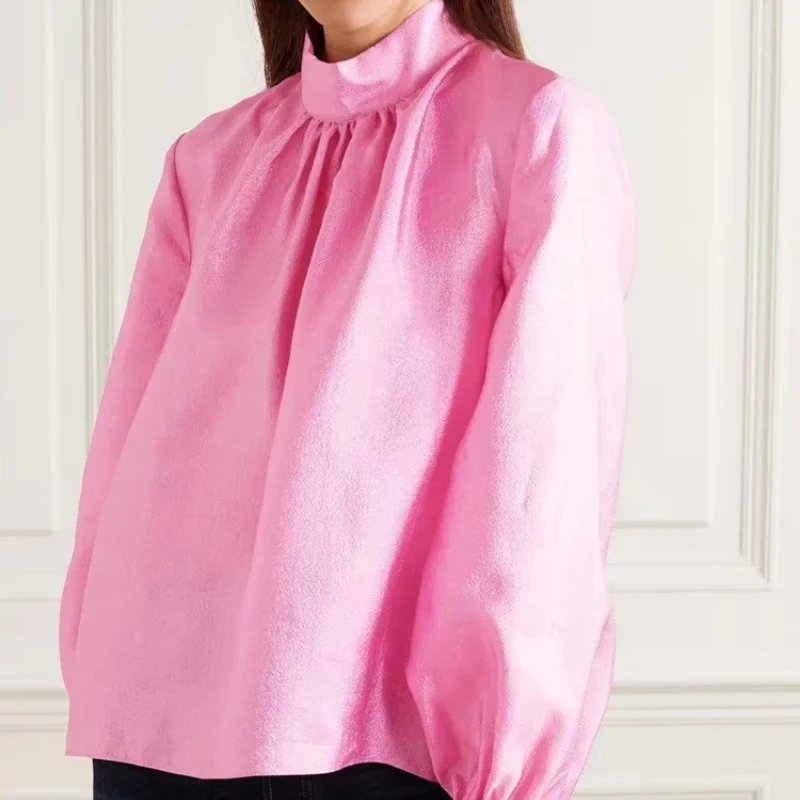 

2023 Spring and Summer Special Women Light Pink Purple Half-high Collar Lantern Sleeve Loose Long-sleeved Shirt