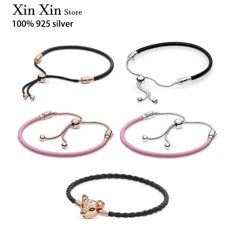 

Original Luxury Real 100% 925 Sterling Silver Simple Pink Leather Rope Bracelet Suitable For Women's Diy Jewelry Original Charm