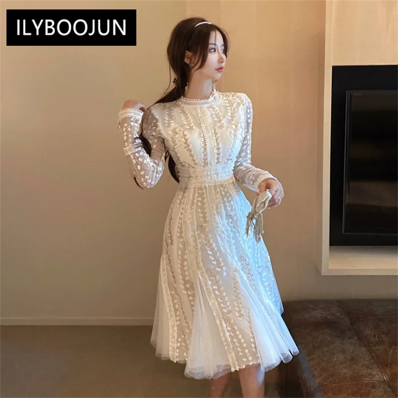 

Dresses For Women 2023 Summer Runway Luxury Designer Stand Collar High waist Stripe Embroidery Vintage Mesh Evening Party dress
