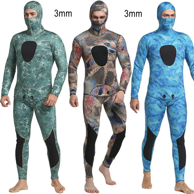 3MM Scuba Camouflage Long Sleeve Hooded 2 Pieces Wetsuit Men Neoprene Keep Warm Waterproof Hunting Snorkeling Swim Diving Suit
