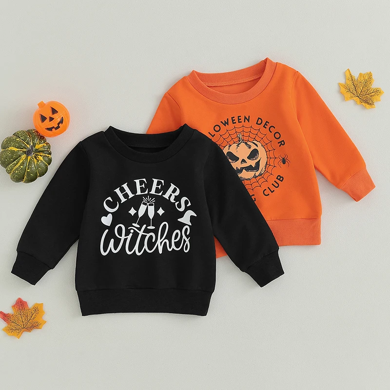 

2023-07-03 Lioraitiin 0-4Years Toddler Baby Boy Girl Halloween Sweatshirt Pumpkin & Spider Web & Letter Print Pullover Loose Top