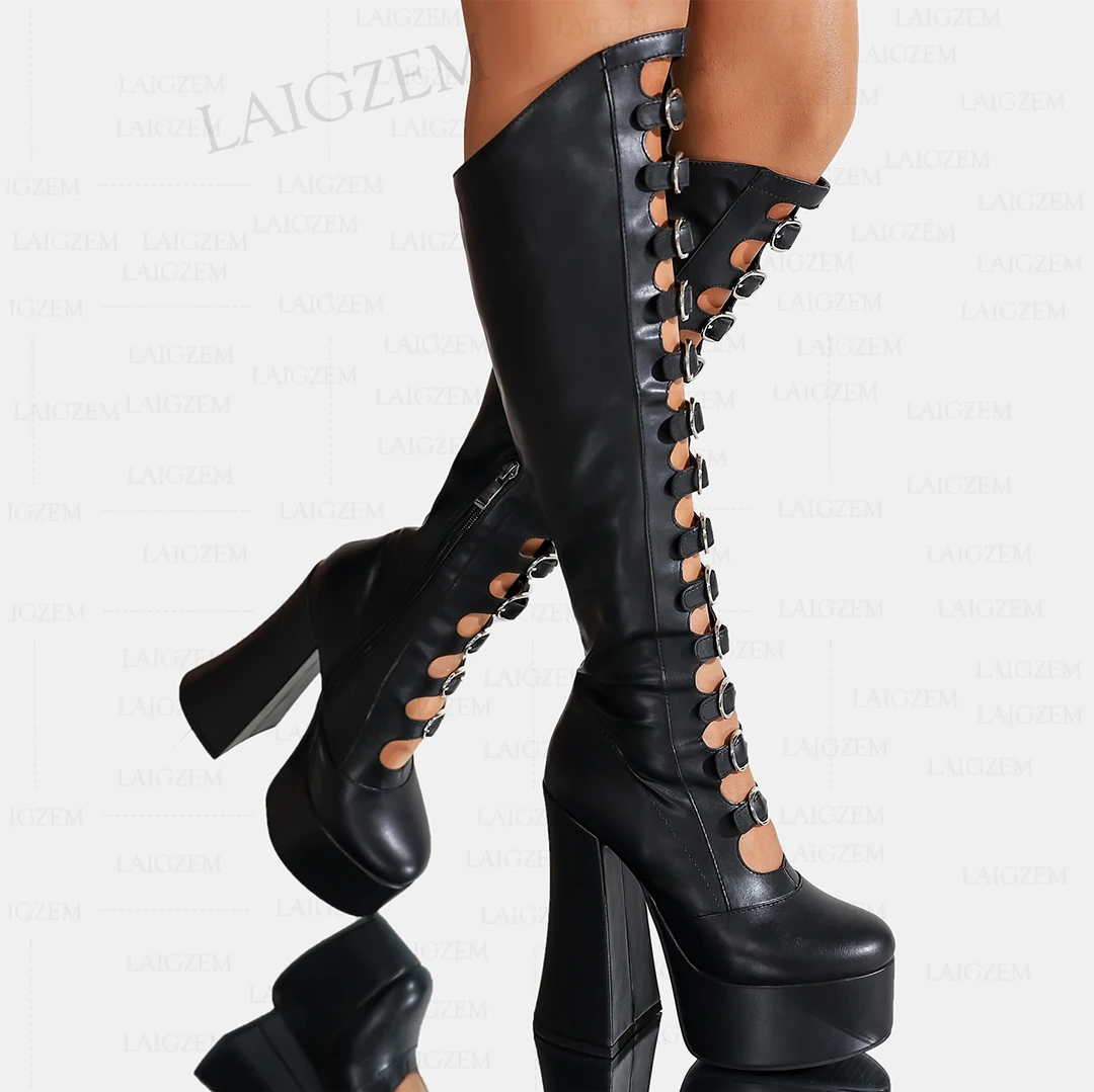 

LAIGZEM Women Pumps Round Toe Side Zip Faux Leather Platform Block High Heels Sandals Cosplay Ladies Shoes Woman Big Size 40 3