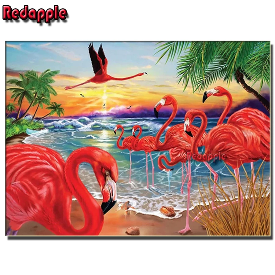 

Flamingo family 5d Diamond Painting Birds Seaside Needlework Art Diamond Embroidery Animal Mosaic Full Square Drill Home Decor