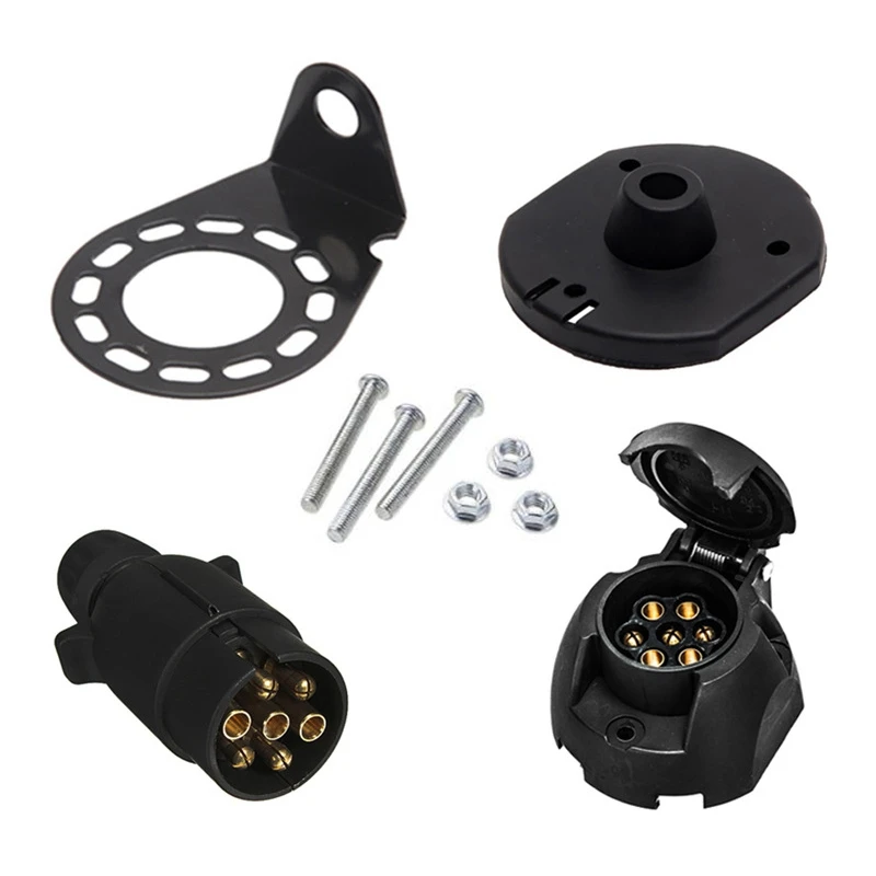 

12V 7Pin European Standard Trailer Plug Socket Connector Adapter Bracket For Caravans Trucks RV Boats Trailer Black