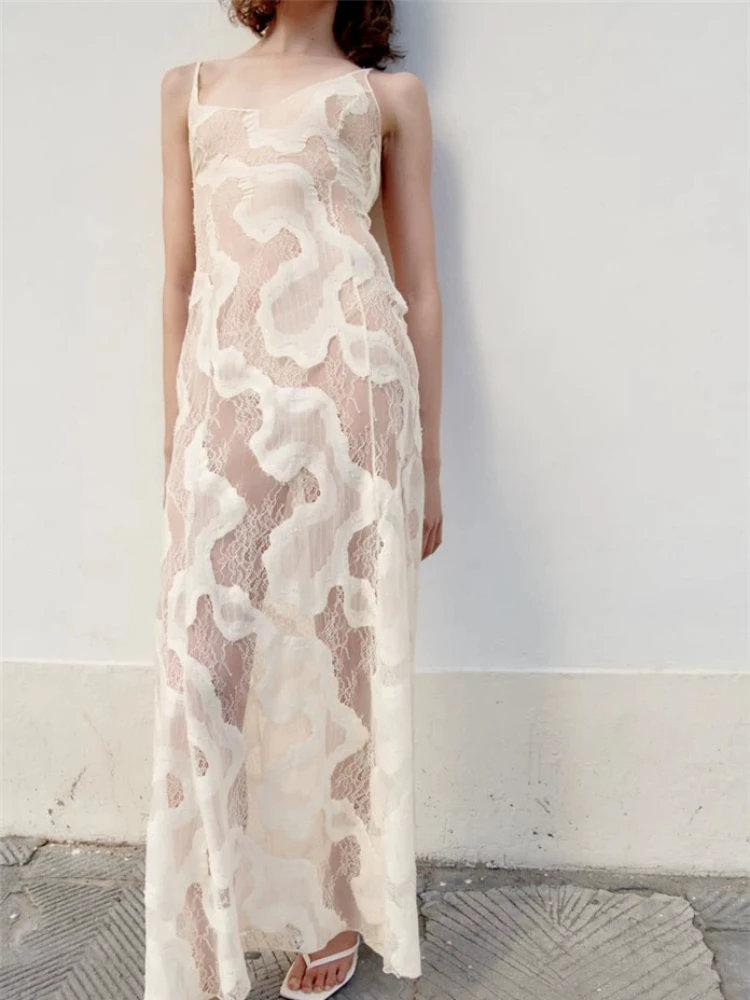 

ZBZA женское летнее новое сексуальное кружевное прозрачное платье с открытой спиной и v-образным вырезом без рукавов, с открытыми плечами, кружевное платье на бретелях, длинная юбка в стиле нижнего белья