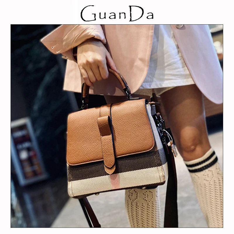 

Luxury Designer Handbags For Women Plaid Stripes Canvas Leather Trim Female Flap Bag Versatile Office Ladies Shoulder Purse Bags