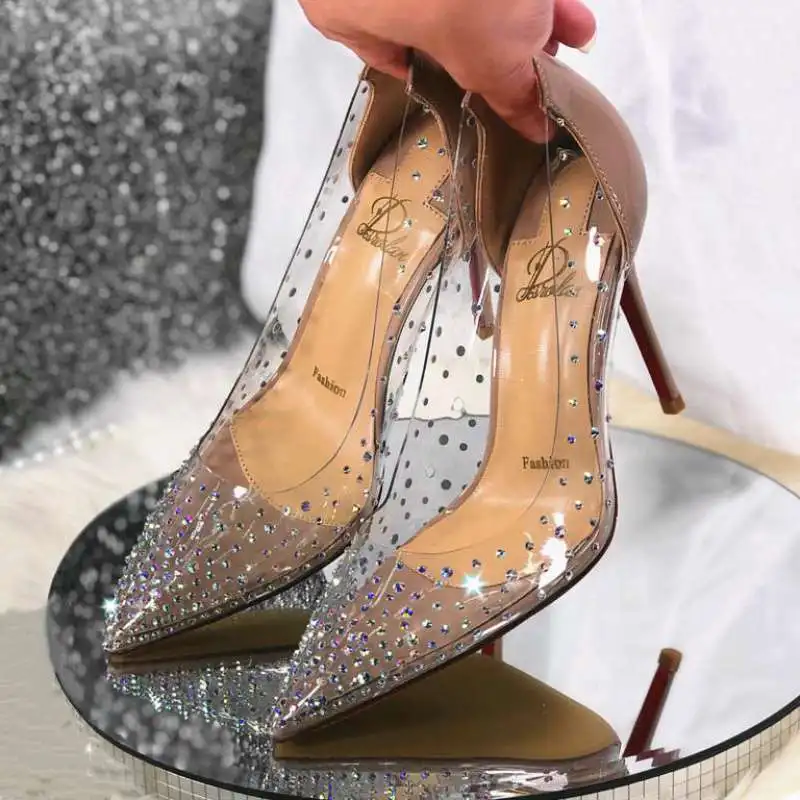 

Transperant Crystal Sandals Red Bottom Sexy High Heeled Stilettos Evening Dress Pumps with Rheinstones Women Summer Shoes Silver