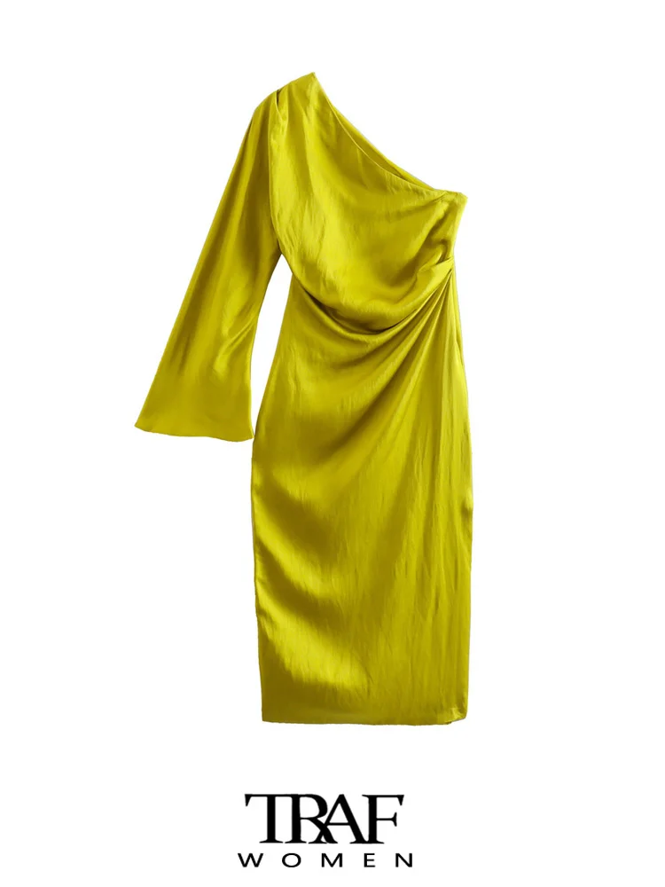 

Платье-миди Атласное асимметричное с одним плечом и длинным рукавом